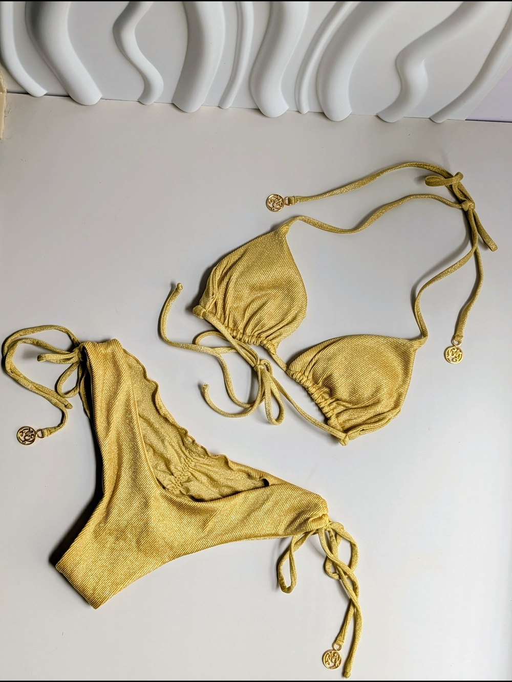 Luli Fama Gold Metallic Ruched Tie Side Bikini Set Size Small